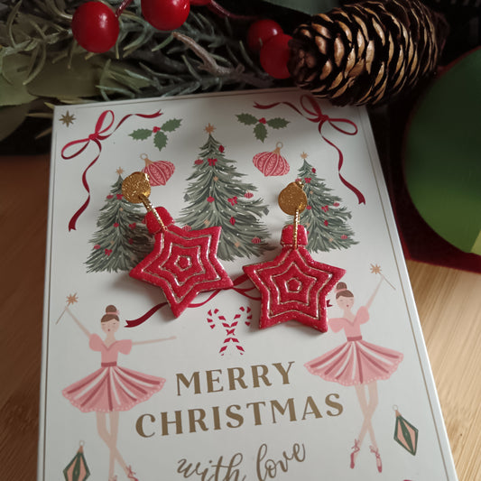 Christmas Star Bauble Red & Gold Dangle Stud Earrings
