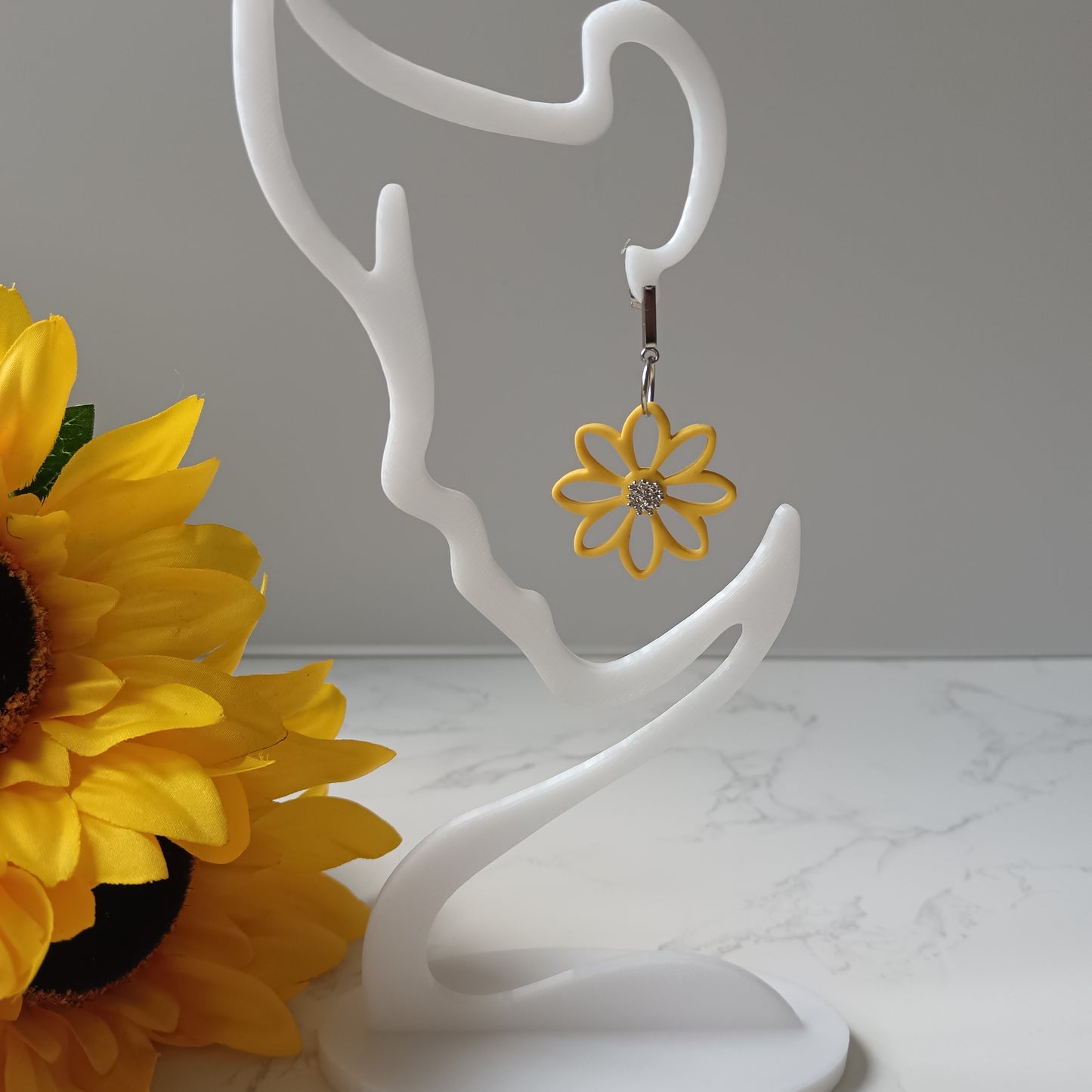 Yellow & Silver Daisy Dangle Stud Earrings